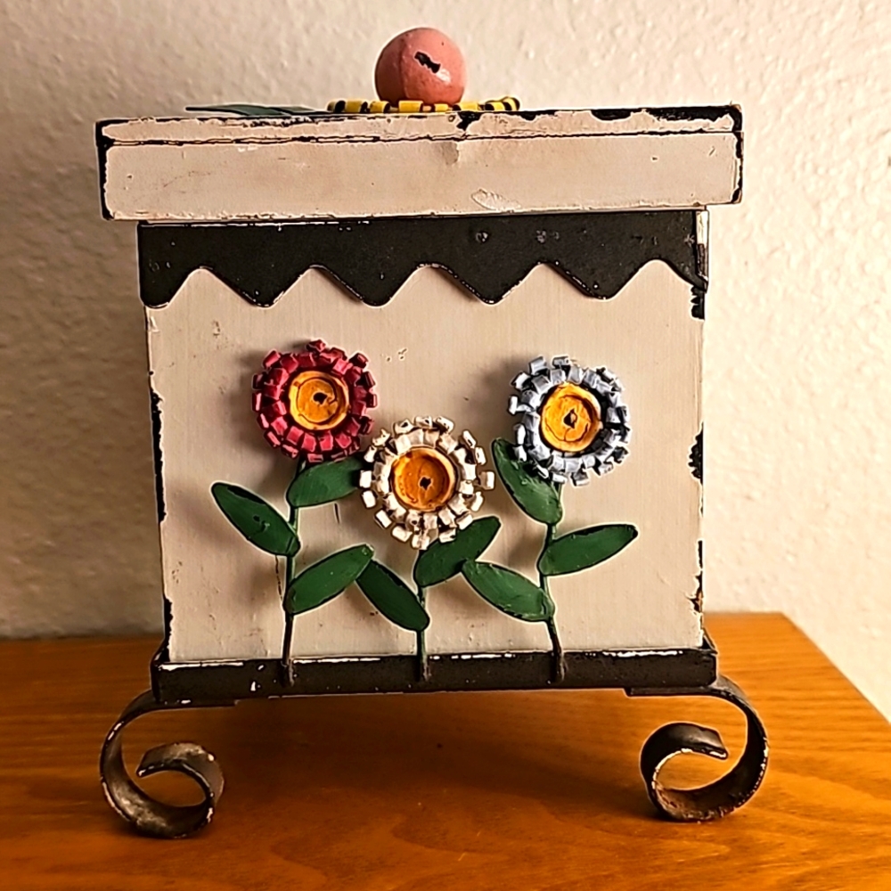 Floral Wood Metal Trinket Box